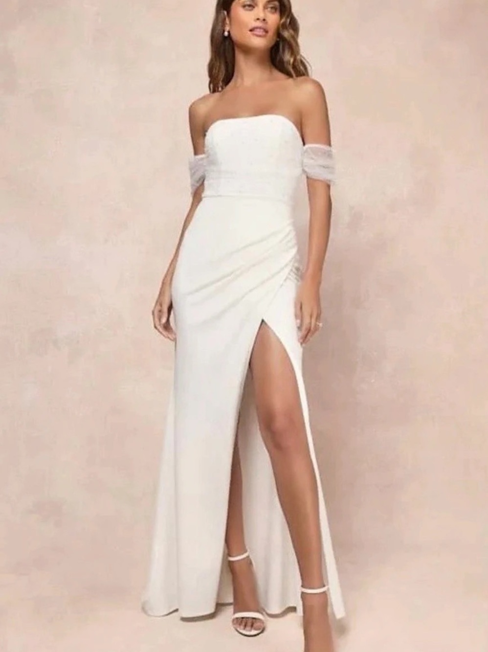 Lulus Eternally Beloved White Mesh Off-the-Shoulder Pearl Maxi Dress Pearl